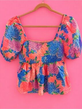 Lilly Pulitzer Coral, Blue & Purple Floral Puff-Sleeve Peplum Top